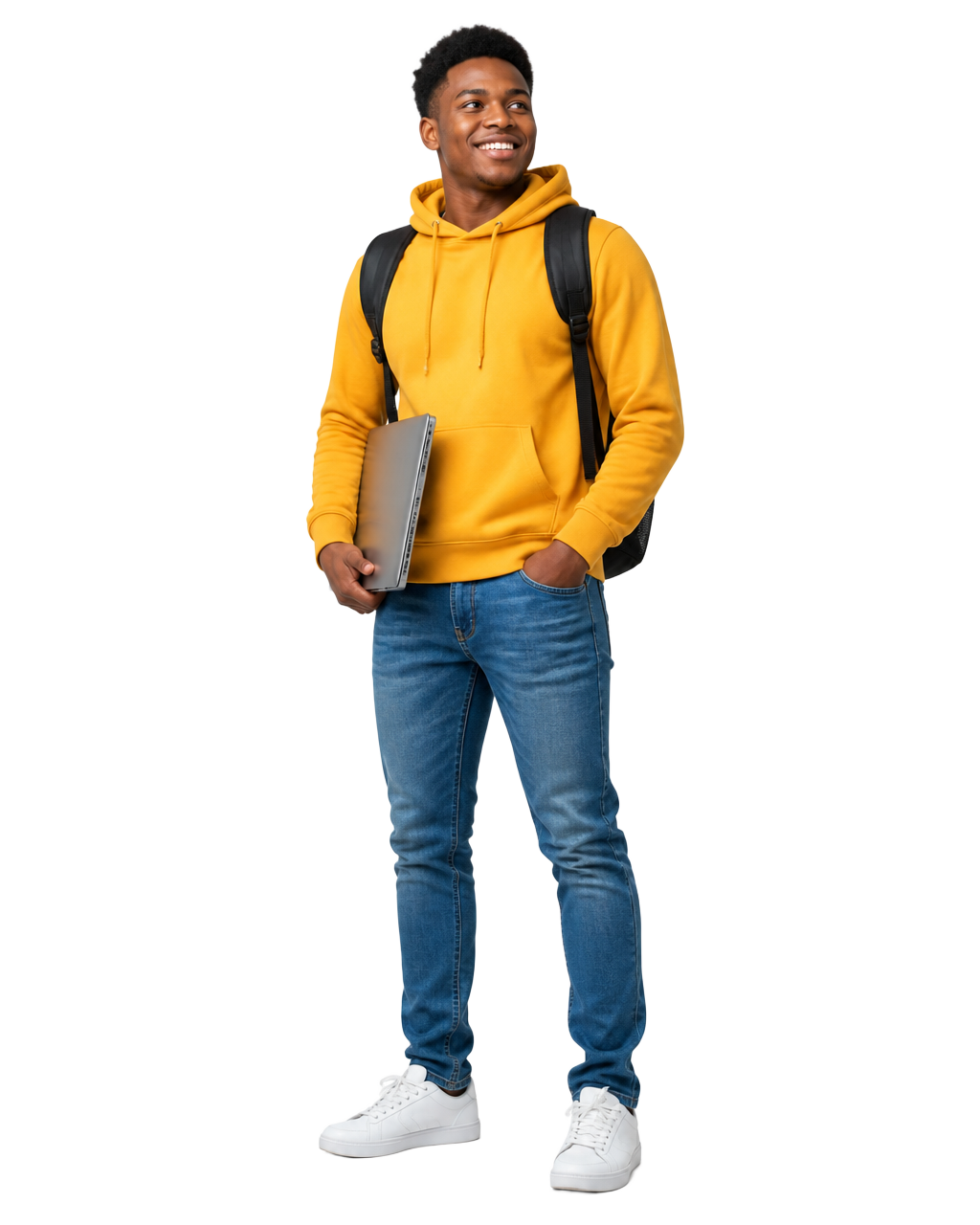 A young African student holding a laptop, ready to start learning